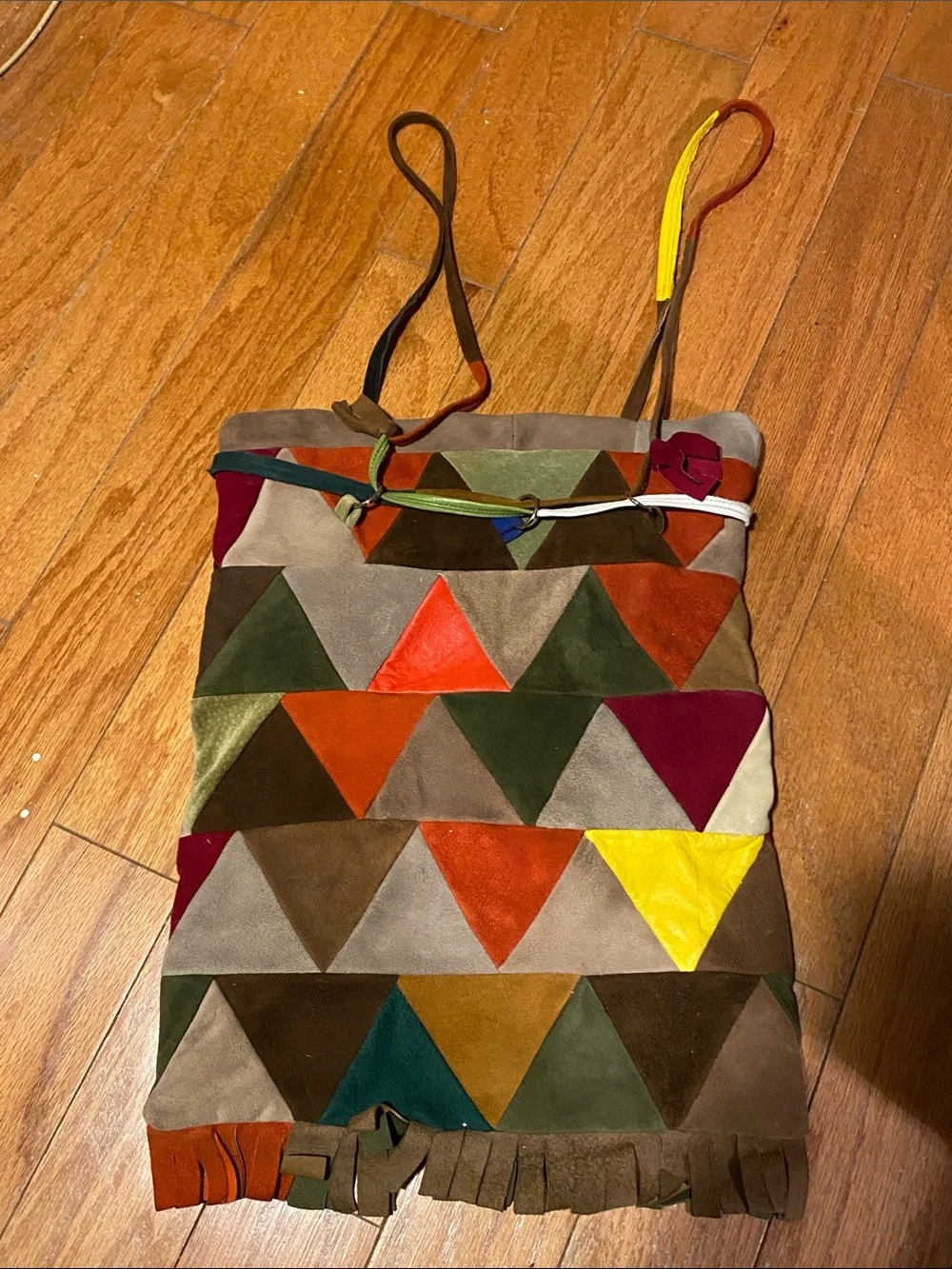 Multicolor Triangle Suede Fringe Shoulder Bag